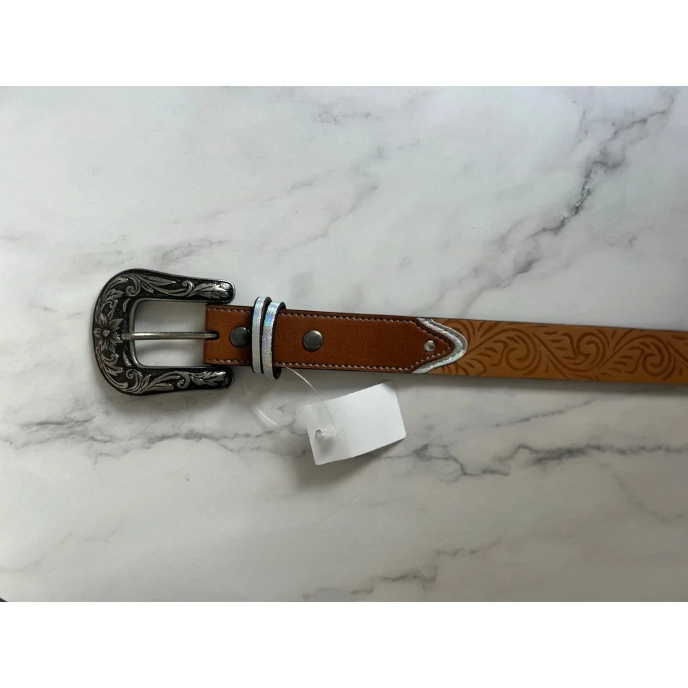 Girls Large Western Tooled Floral Belt Brown‎ Tan Silver Buckle Rhinestone